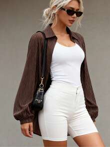 Women's Casual Striped Lantern Sleeve Blouse,Modest - 棕色 - 查看 9