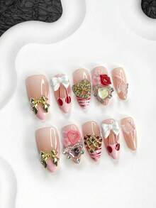 10pcs Valentine's Day Nail Art Set, Hand-Painted Cherry Nail Stickers, French False Nails, Water Wave Nail Stickers, Ethereal Butterfly, Metal Heart, Bow, Lip, Small Flower Nail Decorations, Pink Nail Polish, 3 Sizes Available: Almond, Duck Mouth, Coffin Shape, Comes With Nail Tools (1 Jelly Sticker + 1 Nail File), Suitable For Parties, Valentine's Day, Daily Wear, Great Gift - 彩色 - 查看 2