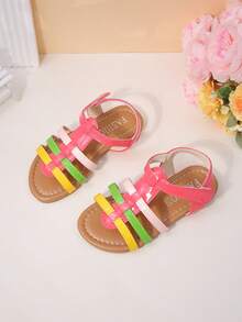 1 Paar Mädchen Regenbogen-farbige Sandalen mit glänzendem PU-Leder, offene Zehen, flacher Klettverschluss, Dopamin-süßer Stil Sandalen, für Sommer, Park, Urlaub und Alltag - Verschiedenfarbig - Übersicht 2