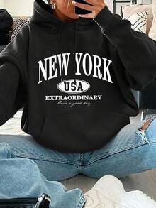 Sudadera con capucha casual para mujeres con estampado "New York USA Extraordinary" - Sudadera con cordón acogedora, espalda con letras blancas, mangas largas, comodidad de temporada A, sudadera casual | Sudadera con capucha | Ajuste cómodo, sudadera para mujeres, camisa para mujeres, sudadera con capucha para mujeres, sudadera blanca para mujeres - Negro - Ver 6