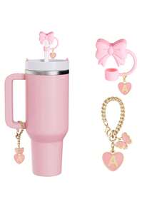 Conjunto de 3 peças de protetores de canudo rosa, com 26 letras do alfabeto disponíveis, protetores de canudo criativos com estampa de sakura, protetores de canudo de silicone reutilizáveis, capas protetoras contra respingos e poeira, acessórios portáteis e fáceis de limpar para canudos de copos térmicos, protetores de canudo com flores de 10 mm de diâmetro, protetores de canudo para copos de vidro, protetor de canudo fofo com estampa de flor (protetor de canudo + pingente de letra + pingente de colar com letra) - Conjunto rosa de 3 peças - Ver 2