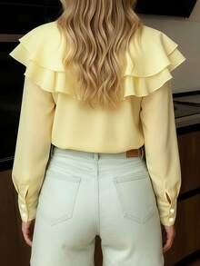 Women's V Neck Ruffle Shirts Fashionable Solid Color Long Sleeve Loose Fit Button Down Blouse - Yellow - View 6