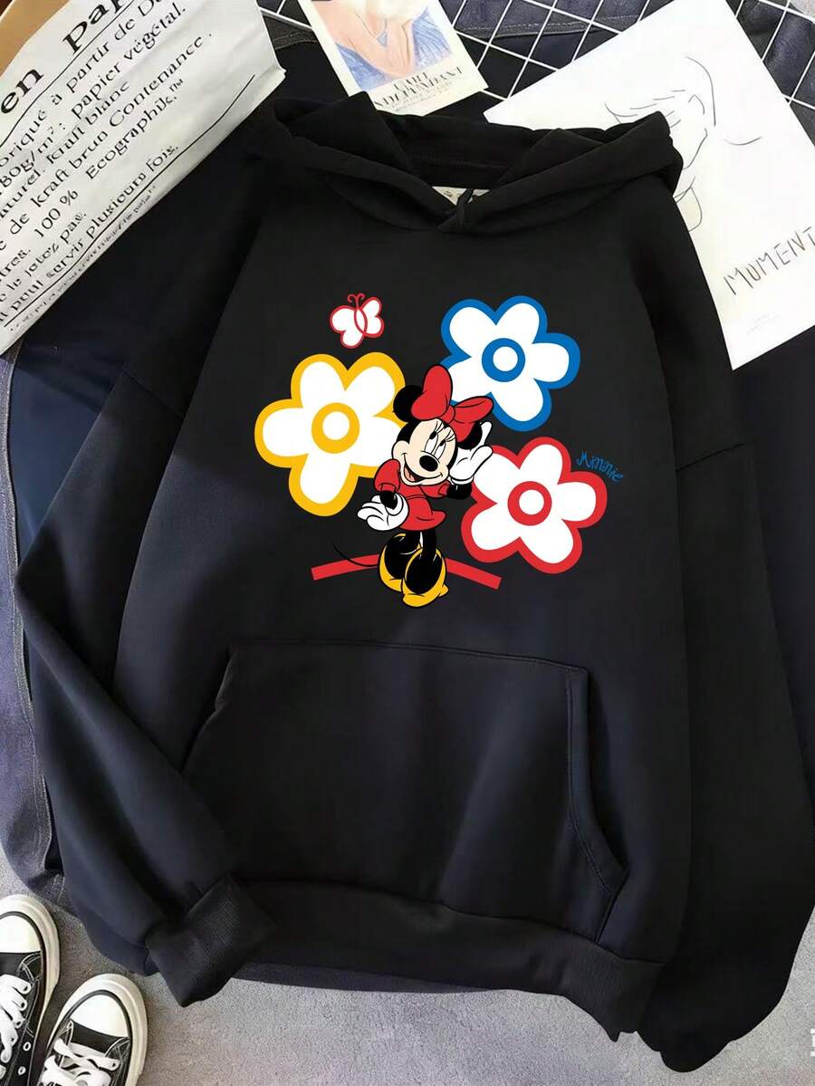 Women's Hooded Sweatshirt, Disney, Mickey Mouse, Cartoon Pattern - Printed Design, Casual Loose Women's Top, Soft And Skin Friendly, Windproof And Warm, Suitable For Various Occasions Such As Home And Outdoor Wear In Autumn And Winter Seasons - 黑色 - 查看 1