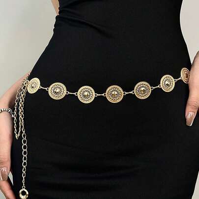 1 pieza Cadena de cintura de disco redondo hueco vintage dorado de alta gama y versátil, estilo retro de diseño único, adecuado para mujeres en cualquier ocasión