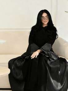 女士穆斯林黑色长袍 - 丝绸般面料，渐变灰色设计，优雅时尚 - 黑色 - 查看 2