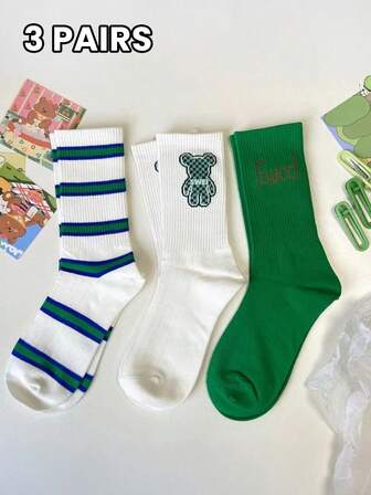 3 par mångsidiga damsockor, flerfärgade bokstäver, randiga, björnmönster, kontrastfärgade, moderiktiga, mjuka och bekväma, avslappnade vadstrumpor