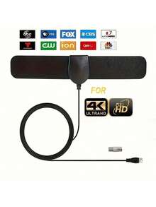 2025年升级版超薄电视天线，适用于智能电视和老式电视，覆盖范围达1000英里，高增益同轴电缆数字电视接收器 - 黑色 - 查看 2