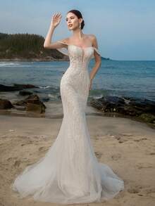 Elasola HEARBOBO 浪漫露肩网纱串珠刺绣美人鱼婚纱，适合新娘、订婚等场合，优雅迷人 - 白色 - 查看 2