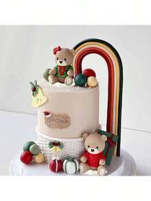 1 Set Or 1 Piece Christmas Teddy Bear Cake Decoration, Christmas Red Sweater Green Shirt Teddy Bear Ornament, Red And Green Striped Arch Gift Box Cake Decoration, Suitable For Baptism Birthday Cake Decoration, Christmas Theme Cake Decoration (Please Use With Tray Or Tube) - Multicolor - View 4