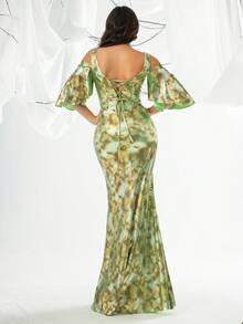 VIPGIRL 女士扎染露肩开衩长款晚礼服 - 綠色 - 查看 2