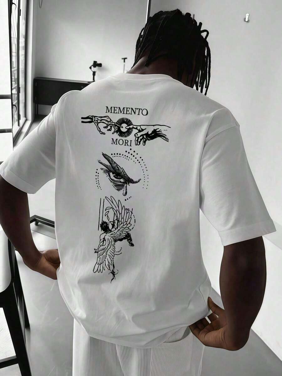 Camiseta de manga corta holgada con estampado de moda para hombres SU ER | Diseño exquisito | Esencial de verano | Fácil de combinar, mostrando tu estilo - Blanco - Ver 1