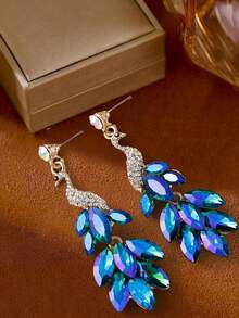 1 Pair Vintage Peacock Design Drop Earrings, 14K Gold Plated Green Crystal Feather Decor, Boho Style Exaggerated Peacock Feather Pendant Earrings, Suitable For Birthday, Holiday And Other Occasions, Summer Fashion Jewelry, Women's Party Gift - One Size - View 7