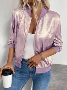 Keke Bloomly Women's New Lightweight Long Sleeve Zip-Up Casual Jacket, Shiny Metallic Purple, Fashion Commute & Vacation Versatile Bomber Jacket - Purple - View 5