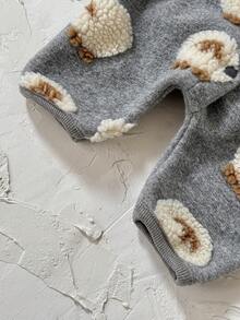 Newborn Baby Boy Thick Hooded Jumpsuit With Sheep Print, Warm For Winter - Grey - View 12