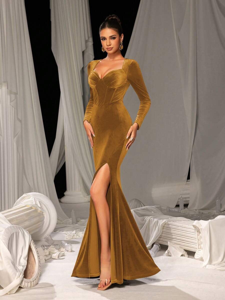女士正式礼服：天鹅绒美人鱼晚礼服，心形领口，修身胸衣，修身长袖，高开衩鱼尾裙——完美适用于正式晚宴、婚礼、舞厅活动和颁奖典礼。 - 黃色 - 查看 1