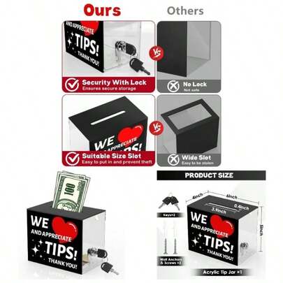 Acrylic Tip Jar Bartender Tip Box Tip Jars Suggestion Box With Slot And Lock Money Jar Donation Box With Lock 6 X 4 X 5 Inch Raffle Box Bar Restaurant Musician Car Driver
