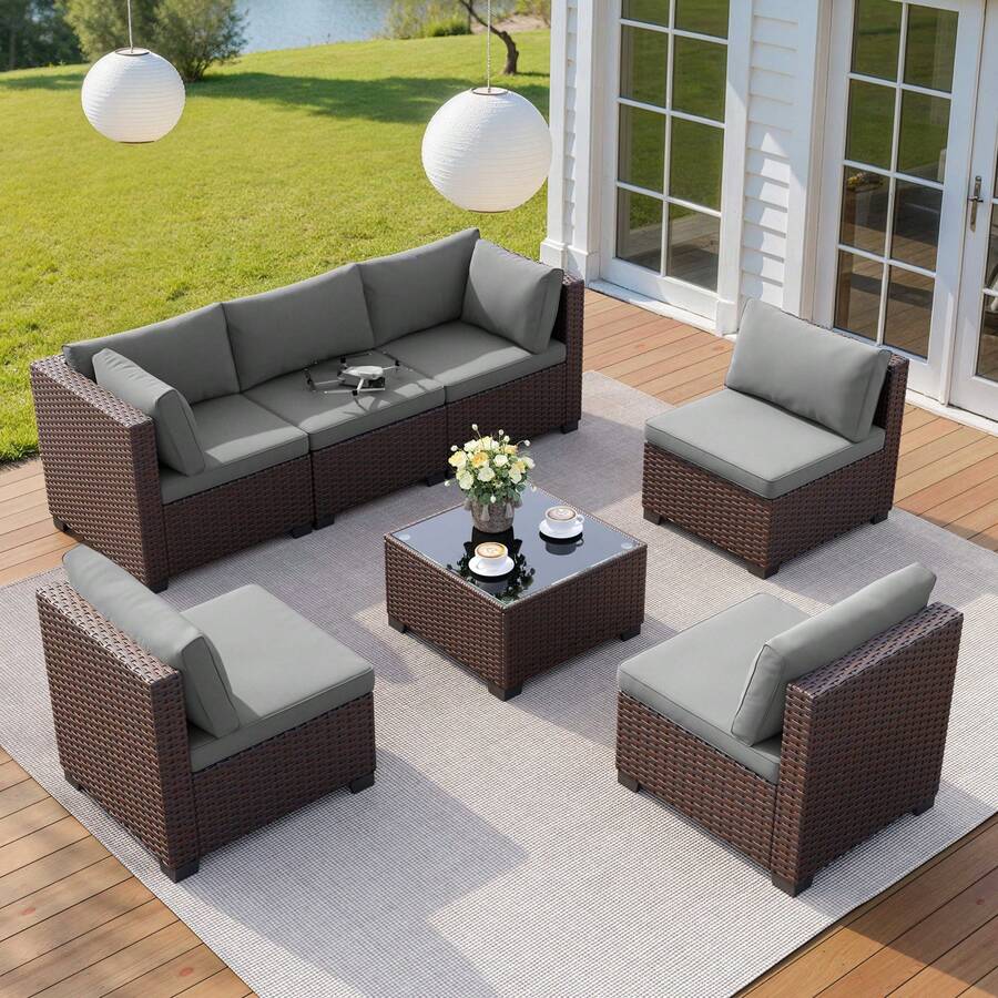 7 Pieces Outdoor Patio Furniture Set, PE Rattan Outdoor Wicker Sectional Furniture Sofa Set, With Cushions And  Coffee Table, For Balcony, Porch, Garden, Camping,Outdoor Decor - 灰色 - 查看 1