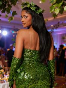 Poison Costume Women Ivy Halloween Outfit Green Sequin Strapless Mini Dress 3 Piece With Sleeves, Gloves And Headpiece - váy dài màu xanh lá cây - Xem 4