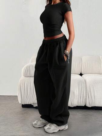 Pantalon de jogging décontracté et lâche pour femmes, couleur unie, avec cordon de serrage à la taille et poches