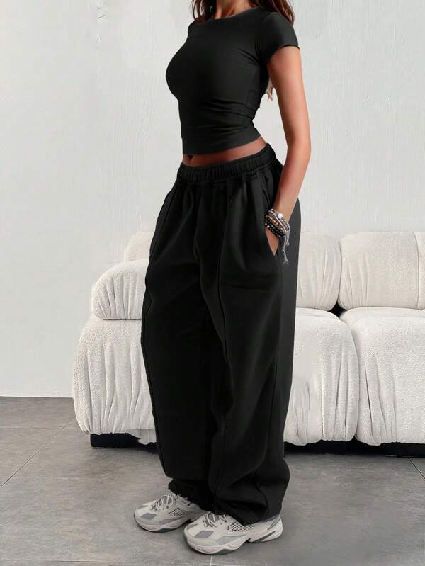 Women's Casual Loose Plain Color Drawstring Waist Sweatpants With Pockets