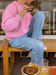 Women's Solid Color Long Sleeve Crew Neck Loose Knit Sweater, Everyday Wear, Autumn/Winter