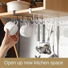 1 Piece Black Wrought Iron Kitchen Hook, Traceless And Nail-Free, Multi-Row Cabinet Storage Rack, Six-Hook Rack, Wardrobe 6-Hook Organizer, Portable Multi-Functional Storage Clothes Rack, Door Cover Bracket, Suitable For Various Types And Sizes Of Wardrobe Organizers. - Black - View 4