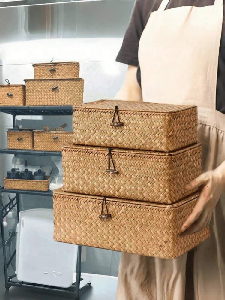 1个编织收纳篮，波西米亚风格装饰收纳盒，带盖，多功能整理盒，适用于家居、房间、浴室、卧室、客厅 - 彩色 - 查看 1