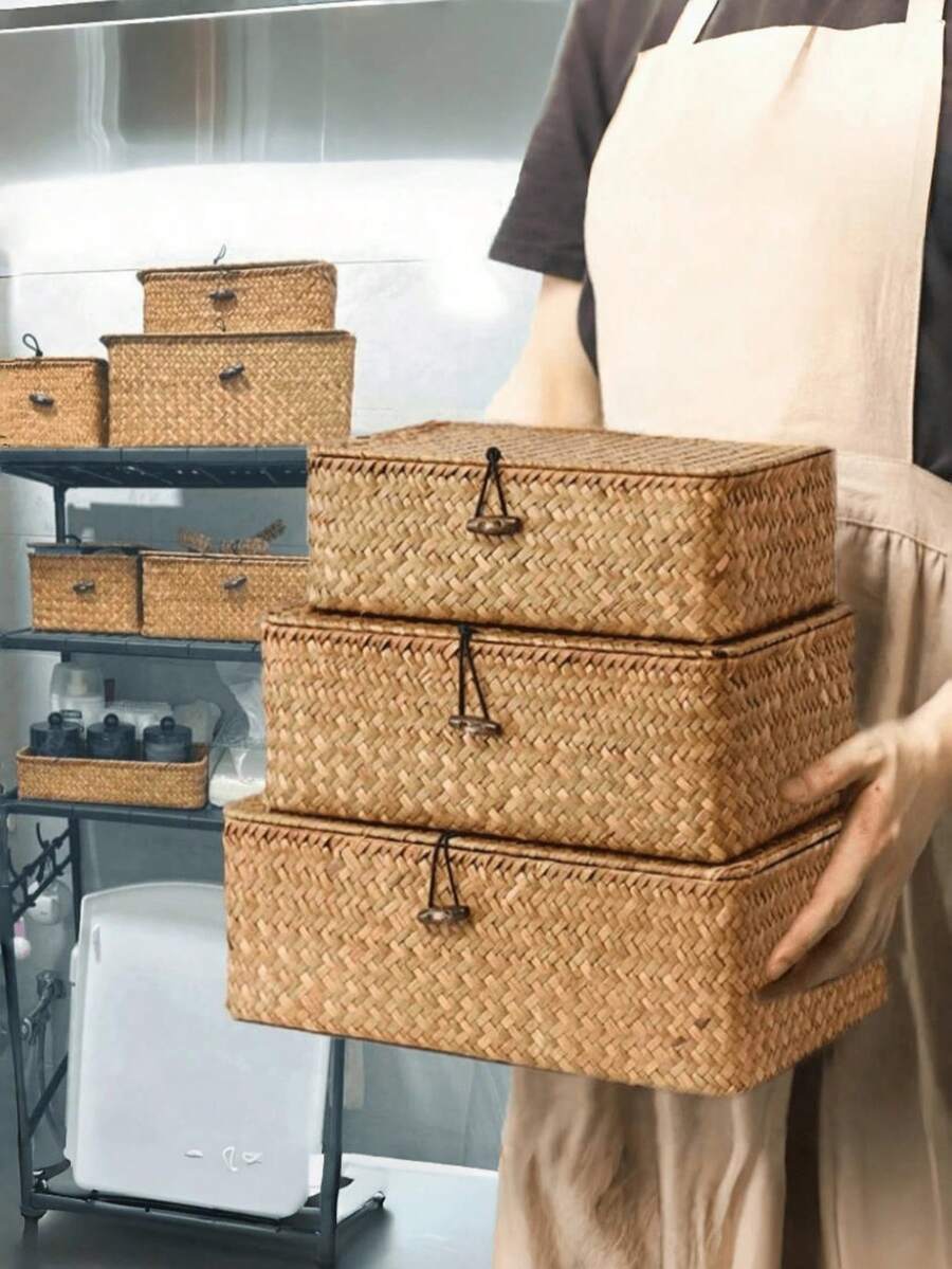 1 coș de depozitare țesut, cutie de depozitare decorativă în stil boem cu capac, cutie organizatoare multifuncțională pentru casă, cameră, baie, dormitor, sufragerie