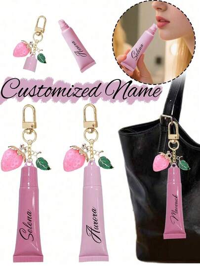 Customized Name/Text Portable Lipstick Packaging Bag Pendant, Lipstick Bottles, Bag Pendant With Cherry And Green Leaf Elements, Hose Packaging Pendant, Lip Gloss Lipstick Keychain Pendant Accessories, Travel Accessories, Travel Containers, Multifunctional Accessories, Fashionable And Simple, Daily Necessities