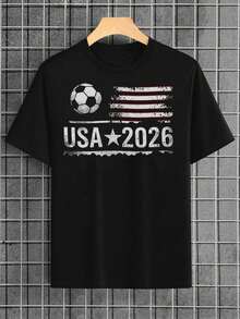 Camiseta gráfica para hombres y mujeres USA 2026 - Diseño de fútbol con estrellas e impresión, tela suave y transpirable, ajuste perfecto para todas las tallas, eventos casuales y deportivos, ropa de espíritu de equipo para atuendos casuales y días de juego (lavable a máquina) - Ideal para fanáticos del fútbol y atuendos temáticos de EE. UU. - Negro - Ver 2
