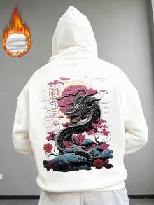 Krometka 男士秋冬黑色龙纹樱花印花连帽衫，独特日式风格 - 白色 - 查看 1