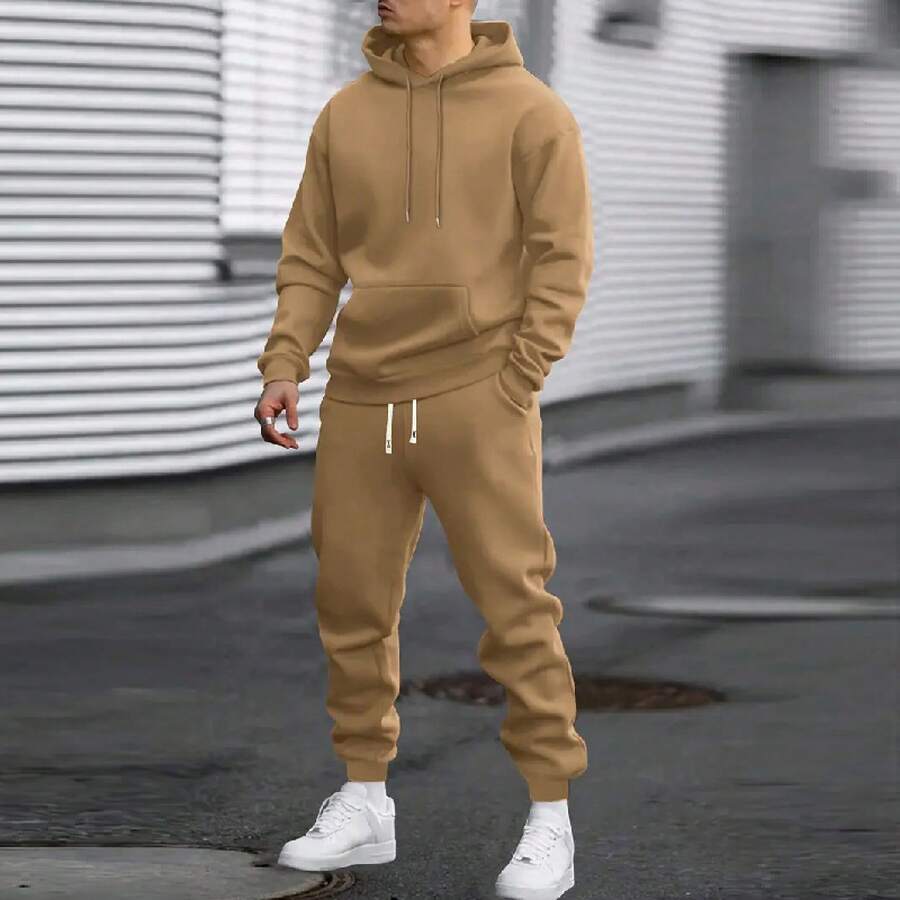 Men's Autumn Suit Casual Sports Solid Color Hoodie Men's Two-Piece Set Loose Sweatshirt Men's Clothing - 駝色 - 查看 1