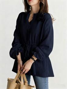 女士V领小丑系带衬衫，女士新款复古休闲宽松长袖系带衬衫（春季款） - 藏蓝色 - 查看 4