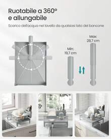 SONGMICS Scolapiatti, Portapiatti da Cucina, Beccuccio Estensibile e Girevole a 360°, Raccogligocce, con Portaposate, 31 x 42 x 18,5 cm, Grigio Tortora - Grigio Chiaro - Visualizzare 5