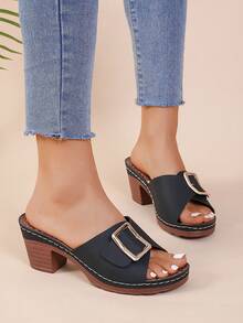 2025 Fashion Metal Buckle Design One-Strap Open Toe High Heel Mules, Chunky Heel Sexy Non-Slip Platform Sandals, Suitable For Summer Daily Wear (Run Large, Suggest Ordering One Size Down) - Black - View 3