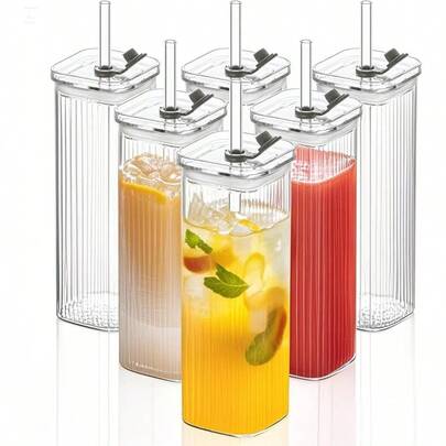 6 Sets Glass Cups With Lids Straws Square Ribbed Drinking Glasses With Lids Clear Highball Tumblers For Cocktail Coffee Juice Beer Modern Mixed Drinkware Jars