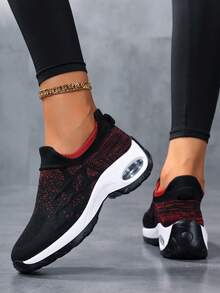Women Breathable Lightweight Knit Walking Shoes Stretch Sock Upper Colorblock Pattern Round Toe Low Top Slip On Platform Heel Sneakers Casual Sport Style Women Daily Walking Outdoor Travel Spring Summer Black Red Fabric Athletic Shoes - Black - View 3