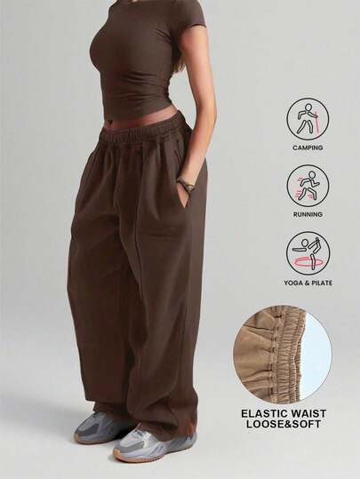 Plus Women's Solid Color Casual Loose With Pocket Solid Color Sports Pants