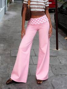 Fold Over Yoga Pants For Women Polka Dot Low Waist Wide Leg Flare Leggings Y2k Lounge Sweatpants - 粉色 - 查看 2