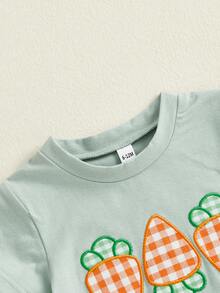 Toddler Little Boy Girl Easter Outfit Carrot Embroidered Short Sleeve T-Shirts And Plaid Shorts 2 Piece Set - xanh quân đội - Xem 3