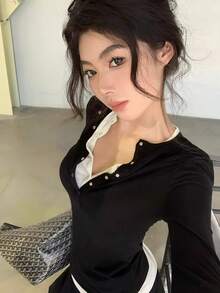 初秋休闲二合一修身长袖T恤女款黑色春季款 - 黑色 - 查看 2