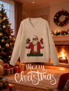Boho V-Neck Christmas Print Casual Loose Knit Pullover Top