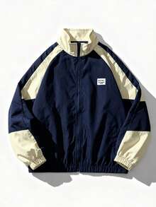 Jaket Bomber Ringan Gaya Retro Streetwear Ukuran Besar untuk Pria, Jaket Bomber Ringan Gaya Kasual Kampus - Biru - View 2