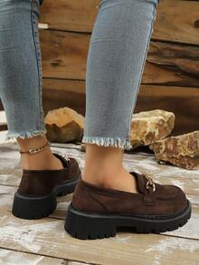Spring/Autumn Fashion New Patchwork Solid Color Breathable Suede Metal Buckle Loafers, Versatile For Daily Commute, Vacation, Shopping, Suitable For All Seasons, Casual Slip-On Elegant Lady Style, Fashionable Decorative, Platform, Comfortable, Simple Classic Thick-Soled Coffee Brown Shoes - Brown - View 5