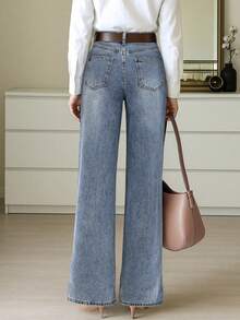 Women's Loose Straight Leg Denim Jeans With Pockets. Simple, Casual, Elegant And Versatile, Suitable For All Seasons. Perfect For Travel, Beach And Vacation - Blue - View 2