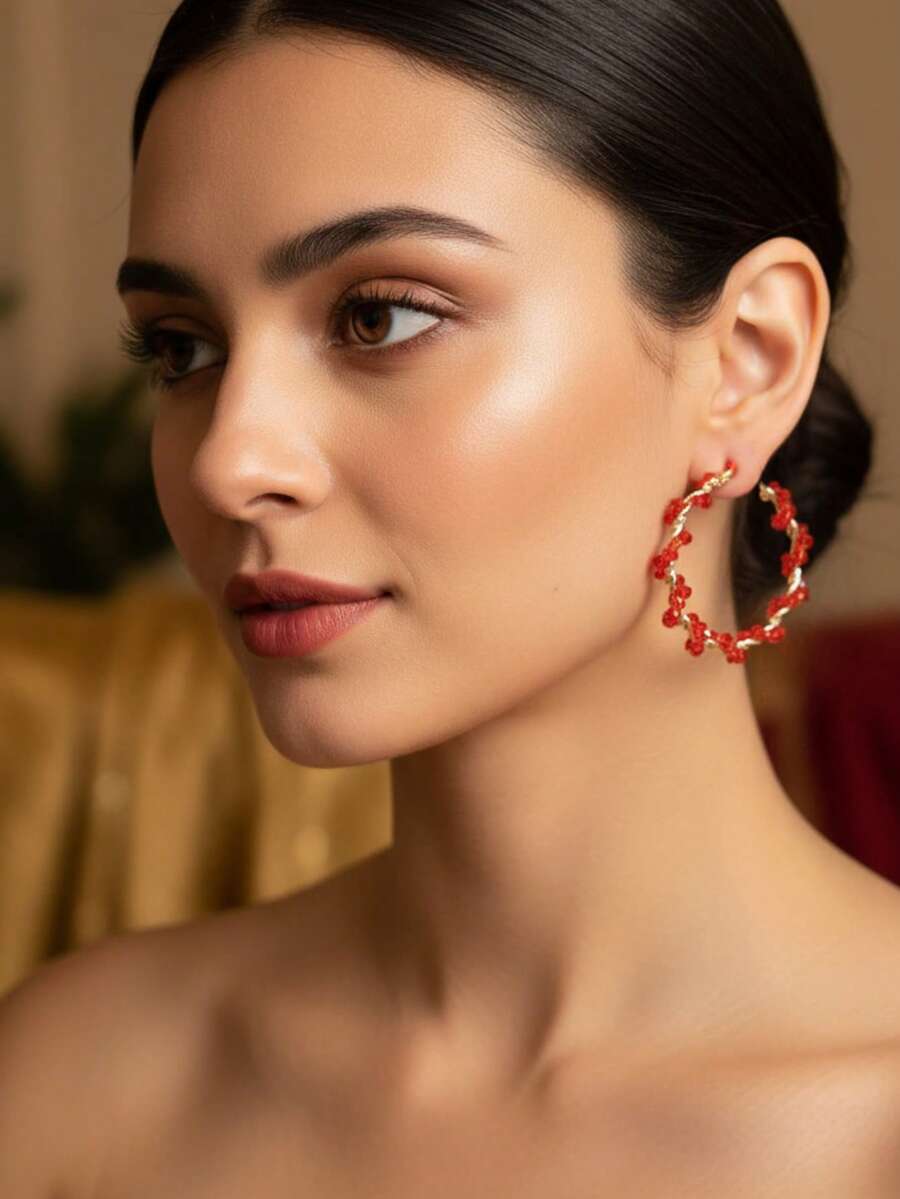 Aros Elegantes con Cristales Rojos y Toque Dorado - Rojo - Ver 1