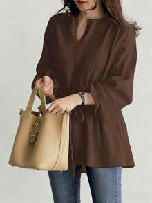 女士V领小丑腰带衬衫，女士新款复古休闲宽松长袖系带衬衫