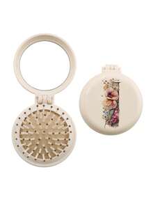 Brodark 1个象牙色和米色花卉图案26字母迷你镜梳，小巧便携，女士必备气垫梳，可折叠气垫按摩梳，镜子和梳子一体设计，旅行和露营配件，返校必备 - 米白 - 查看 32