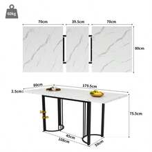 Esstisch Teleskoptisch, 140/180x80x75cm, Beine Aus Eisen Aus Metall & Vierkantrohrbeine (Moderne Weiße MDF Tischplatte Mit Marmormustern),Doppelnutzung Für Heim & Büro - Black + White + MDF + Metal - View 2