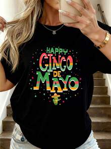 Happy Cinco De Mayo With Guitar, Cactus, Hat And Maraca T-Shirt,  Casual Graphic Tees For Women, Sports Top For Women - 黑色 - 查看 1